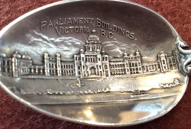 RARE! Parliament Buildings Victoria BC Enamel Crest 5" Sterling Souvenir Spoon