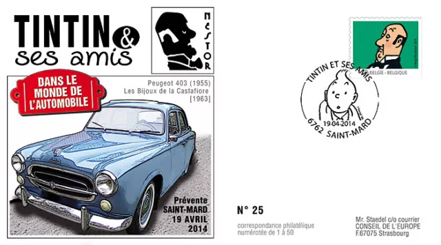 FDC BELGIUM "TINTIN & Friends - CAR / PEUGEOT 403 - NESTOR" 2014