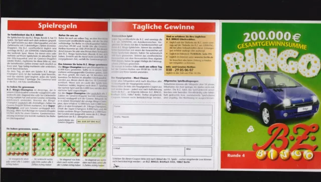 Lottoschein BINGO der "BZ" mit Autokennzeichenspiel auf RENAULT TWINGO von 2001