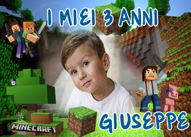 BANNER STRISCIONE compleanno - Minecraft - CON NOME foto ed età bimbo/a