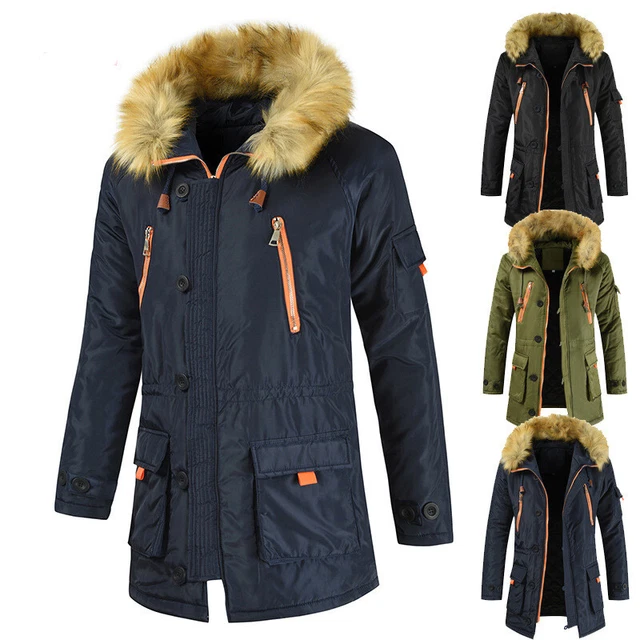 Uomo Imbottito Bolle Pelliccia Parka con Cappuccio Parker Caldo Inverno Cappotto