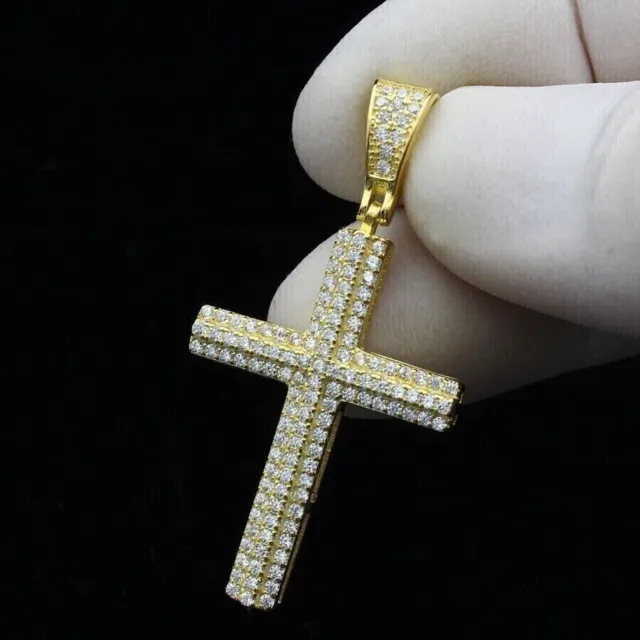 2Ct Round Cut Created Mini Cross Men's Pendant 14k Yellow Gold Plated Silver