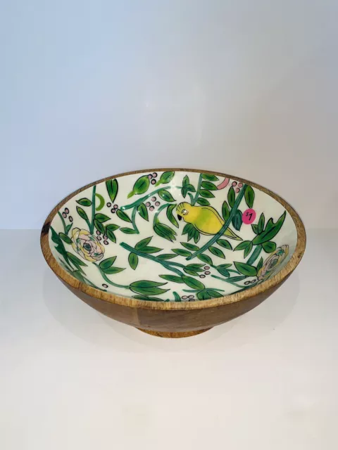 Mango Wooden Serving Bowl  Bird Floral Wood Lacquered Finish Interior Opal House