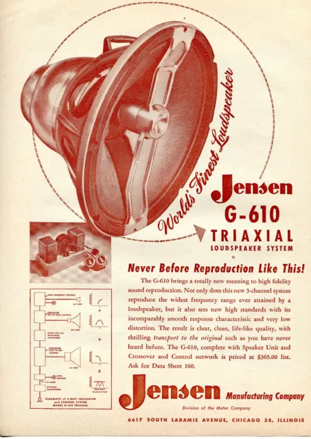 1950 Print Ad of Jensen G-610 Triaxial Loudspeaker System