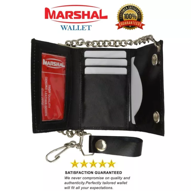 Black Genuine Leather Men's Trifold Wallet with Chain Biker Trucker