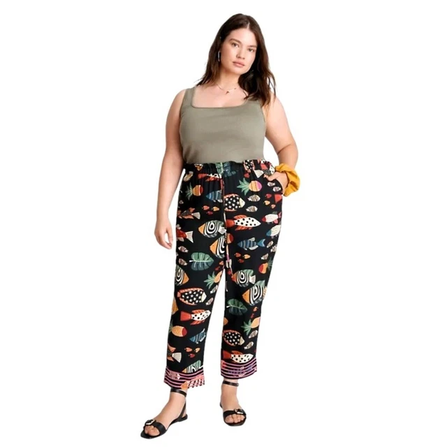 Farm Rio Black Multicolor Fish Print Tie Waist Sealife Jogger Pants Size M