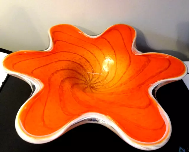 1950s Fratelli Toso Art Glass Vivid Orange Gold Spiral Aventurine Cased BOWL 12"