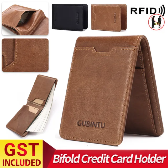 Bifold Credit Card Holder Genuine Leather Wallet Slim Mens RFID Blocking Purse