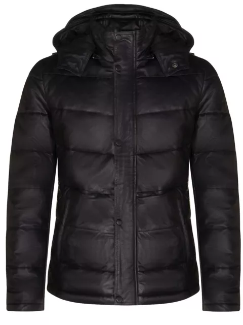 Men's Puffer Leather Jacket Black Quilted Warm Bomber Lambskin Hooded Jacket