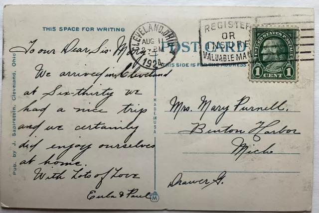 Printed Postcard-Cleveland, OH Sent To House Of David Founder Mary Purnell