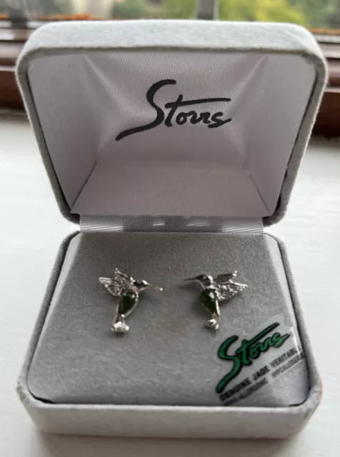 Storrs Fine Hand Carved Genuine Jade Veritable Hummingbird Earrings NEW IN BOX