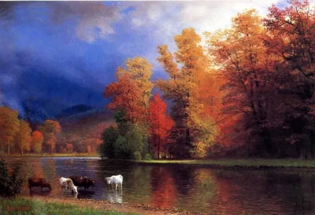 Dream-art Oil painting On the Saco cows in autumn landscape by river canvas 36"