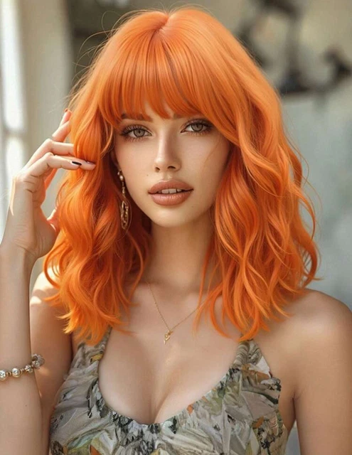 Perruque Synthétique Rousse Orange - Frange Carrée Courte 30cm - Avec 4 Bonnets - Style Naturel Pour Femme