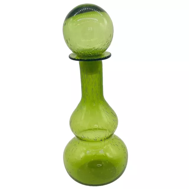 Vtg Mouth Blown Bubble Glass Decanter w Ball Shaped Stopper Apple Green 12in