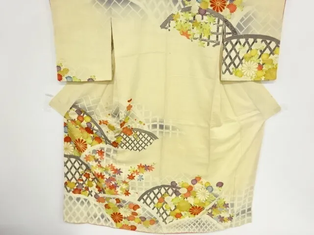 83856# Japanese Kimono / Antique Kimono / Embroidery / Fence With Kiku & Ume
