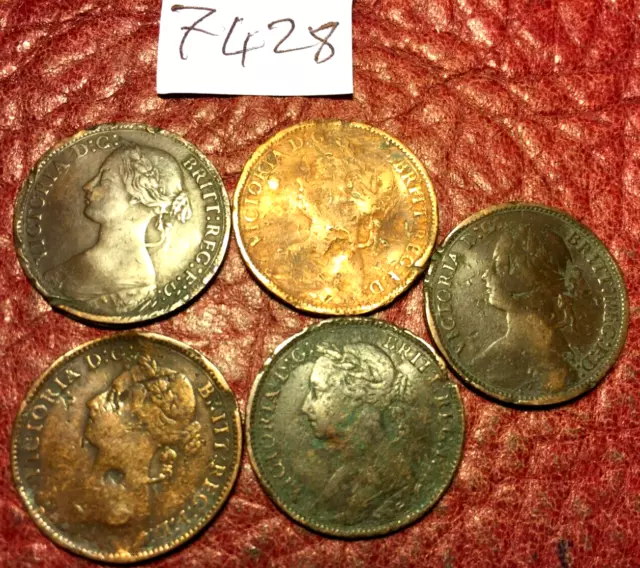 5 Low-Grade  Queen Victoria Bun Head Farthings- Job  Lot 7428