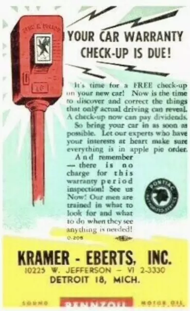 1940's Auto SERVICE Reminder CARD Lot "KRAMER-EBERTS" Detroit~PENNZOIL -E8B-11