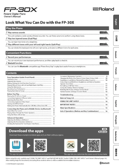 Roland FP-30X Owners Manual User Guide Instructions COIL BOUND 24 Pages