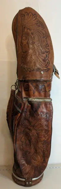 VINTAGE MEXICAN LEATHER Aztec Indian Mayan Golf Bag Hand Tooled Aztec ...