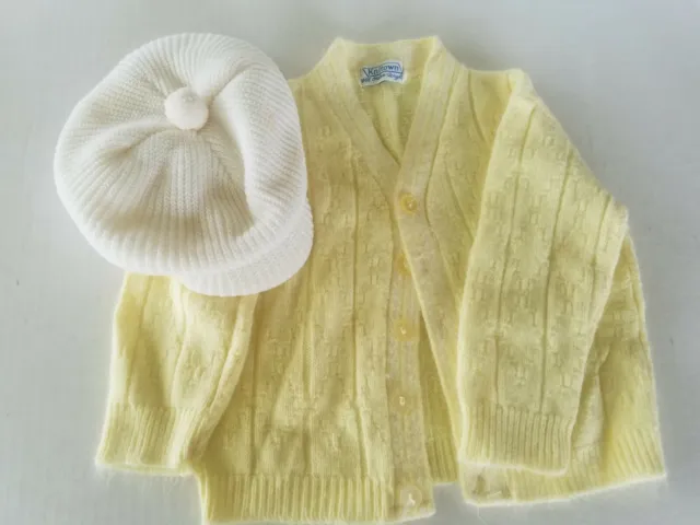 Vintage Baby Sweater Yellow Knitown Orlon Acrylic Button Up Cardigan with Hat