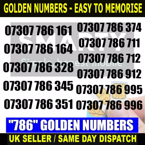 Golden Numbers PAYG SMARTY VIP UK "786" SPECIAL SIMS - Easy To Remember LOT -B16