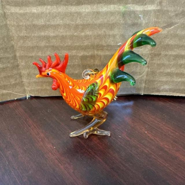 Vintage Artisan Glass Blown Glass Rooster  Mini Figurine Multicolor Farmhouse