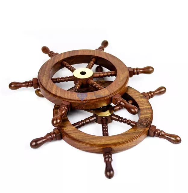 Mini Wooden Marine Ship Wheel Captain Pirate 6" Vintage Brass Nautical Set Of 2