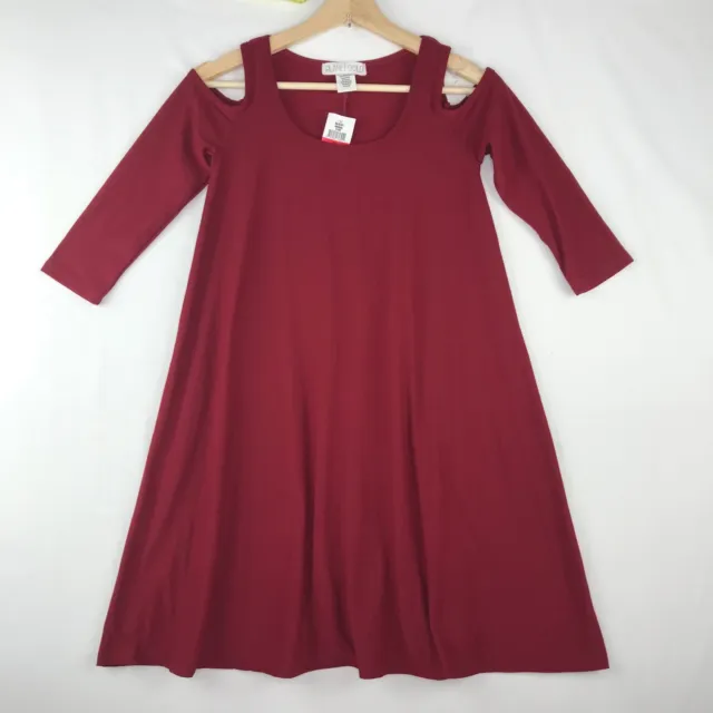 Planet Gold Juniors XS Knit Dress Deep Red Cold Shoulder 3/4 Sleeves Round Neck