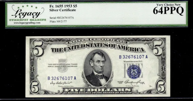 UNITED STATES 1953 $5 Silver Certificate. FR Number: 1655. Legacy Graded: 64 PPQ