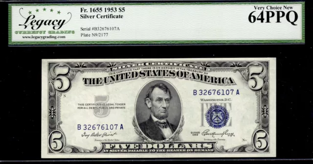 UNITED STATES 1953 $5 Silver Certificate. FR Number: 1655. Legacy Graded: 64 PPQ
