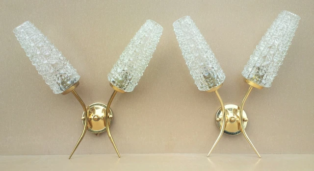 Paire applique DOUBLE vintage LUNEL? ARLUS? métal doré & verre pointe diamant #3