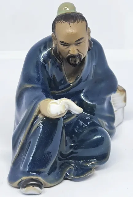 Vintage Chinese  Mud Man Scholar Reading Glazed Clay Figurine