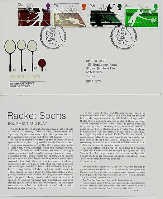 Tennis & Raquet Sports. Jan 1977 First Day Cover With Inner Card. Freepost to UK