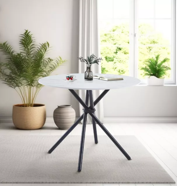 Small Round Kitchen Dining Table with White Marble Effect Top and Metal Legs