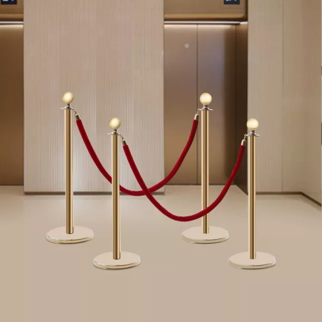 4PCS Gold Stanchion Posts Queue Pole w/ 2 Velvet Ropes Crowd Control Barrier New