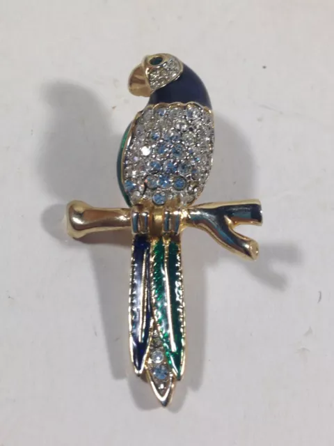Vintage Gold Tone Rhinestone Parrot Lapel Pin
