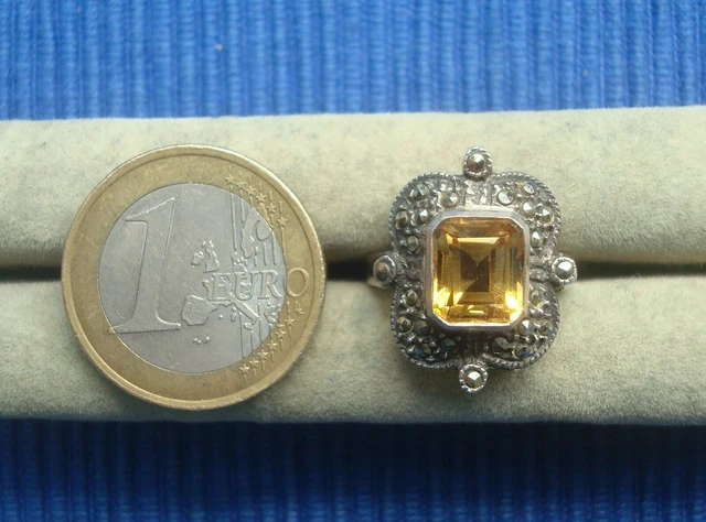 Bague Argent 925 Taille 62 Avec Citrine Madère Et Saphir - Bijou Solitaire Occasion état Neuf