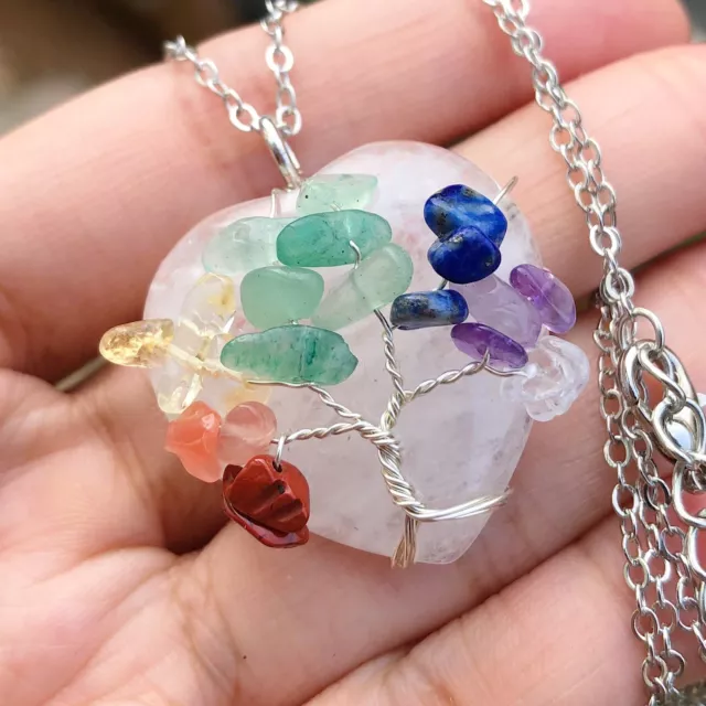 7 Chakra Rock Quartz Gem Stone Tree Of Life Heart Necklace Reiki Healing Amulet