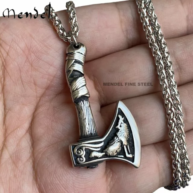 MENDEL Mens Norse Viking Wolf Raven Axe Pendant Necklace Jewelry Stainless Steel