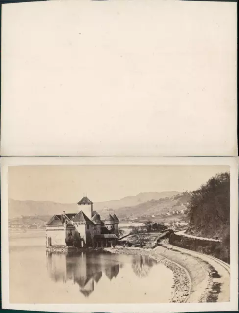 Suisse, Schweiz, Château de Chillon au bord du lac Léman Vintage CDV albumen car