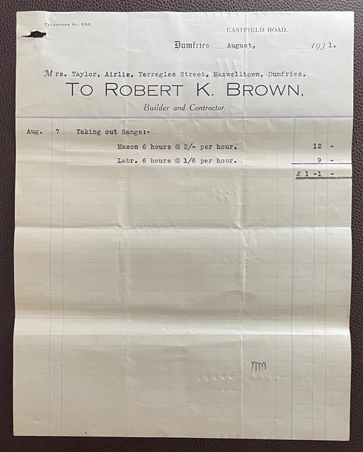 1931 Robert K. Brown, Builder, Eastfield Road, Dumfries Invoice