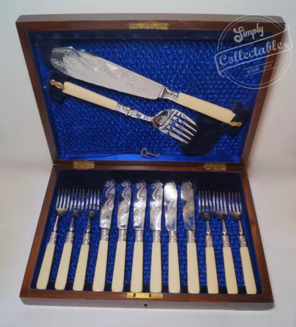 ANTIQUE EDWARDIAN SILVER Plated Fish Knives & Forks + Servers in Wooden  Case $159.21 - PicClick AU