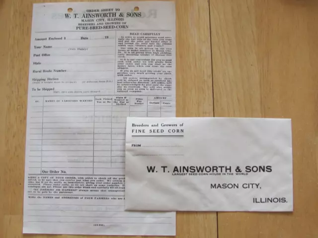 1929 Corn Seed Order Form & Mail Envelope W.t. Ainsworth & Sons Mason City Il