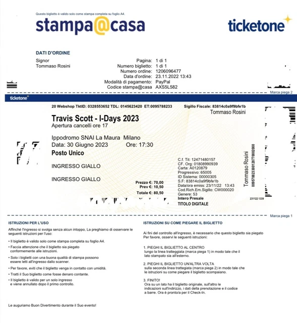 Biglietto Travis Scott - 30/06/2023 - Ippodromo SNAI Milano - Posto Unico GIALLO