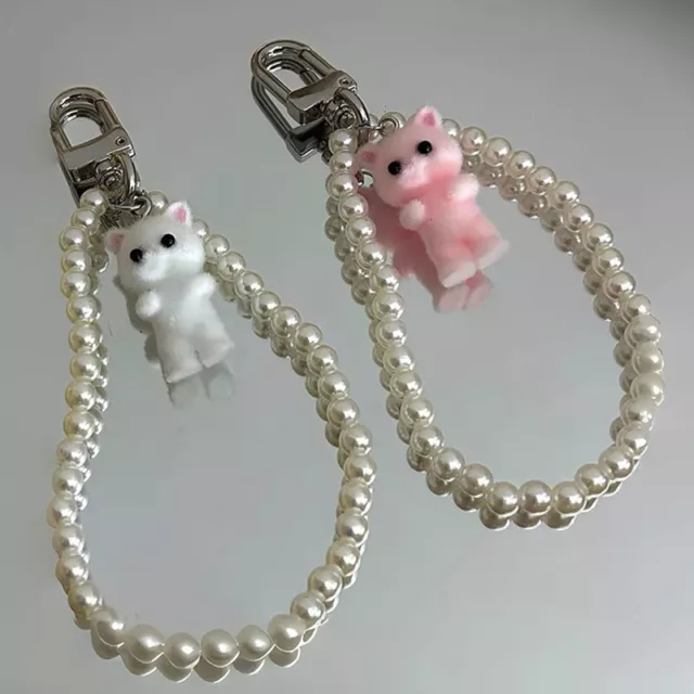 Kawaii Plush Cat Keychain Pearl Wristlet Keyring For Girls Fashion Bag Penda BII