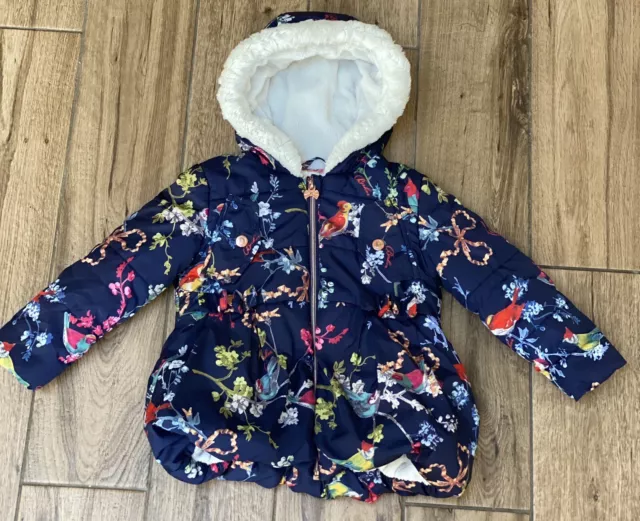 Ted Baker Winter Navy Blue Floral  Age 3-4 Years Hooded Fluf Coat