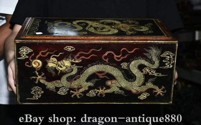 13.6” Rare Old Chinese lacquerware Gilt Carving Dynasty Dragon Pull Box