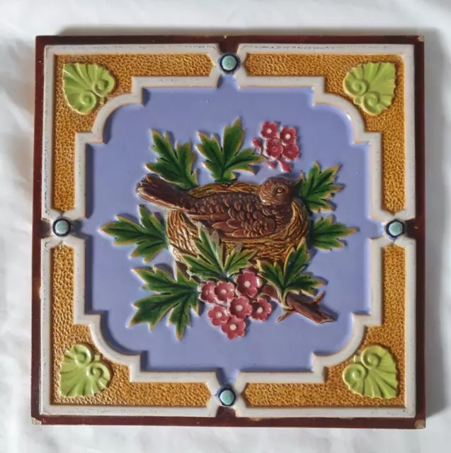 Large Minton Majolica Bird Theme 8 Inch Tile.  Circa 19Th C Seven Colours