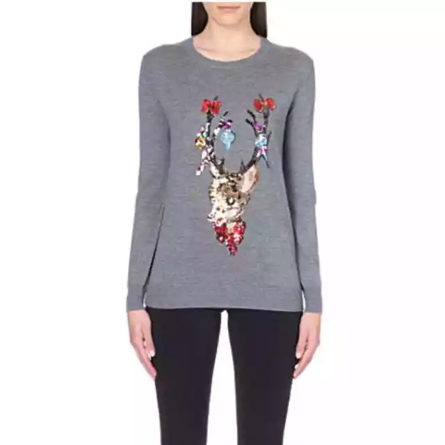 Markus Lupfer Reindeer Sequin Embellished Wool Jumper Gray Sweater Sz Small RARE