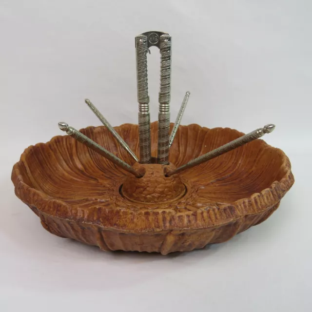 Vintage Nut Bowl with Nut Cracker Set Multi Products USA Sunflower Shape 8" MCM